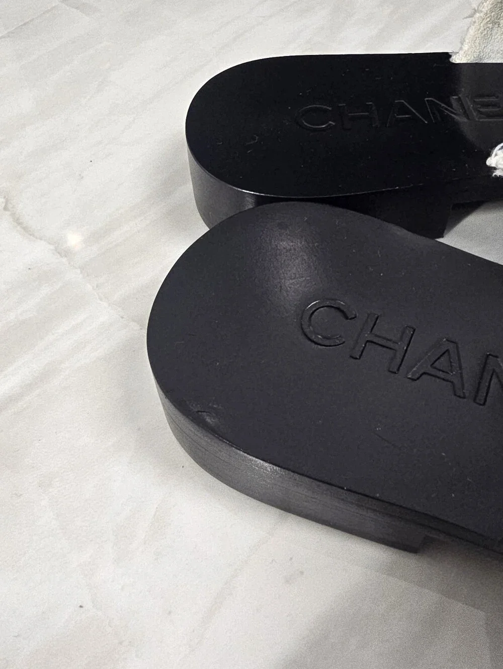 Chanel White Tweed & Gold Logo Slide Sandals